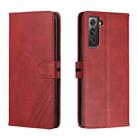For Samsung Galaxy S21 FE 5G Stitching Style 2-Color Cow Texture Horizontal Flip PU Leather Case with Holder & Card Slot & Lanyard(Red) - 1