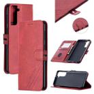 For Samsung Galaxy S21+ 5G Stitching Style 2-Color Cow Texture Horizontal Flip PU Leather Case with Holder & Card Slot & Lanyard(Red) - 1