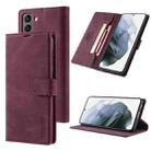 For Samsung Galaxy S21 FE 5G TAOKKIM Skin Feel Calf Texture Horizontal Flip PU Leather Case with Holder & Card Slots & Photo Frame & Wallet(Red) - 1