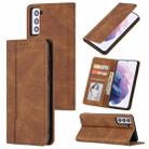 For Samsung Galaxy S21 5G Skin Feel Pressure Line Magnetic Horizontal Flip Leather Case with Holder & Card Slot & Wallet & Photo Frame(Brown) - 1