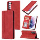 For Samsung Galaxy S21 5G Skin Feel Pressure Line Magnetic Horizontal Flip Leather Case with Holder & Card Slot & Wallet & Photo Frame(Red) - 1