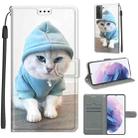 For Samsung Galaxy S21+ 5G Voltage Colored Drawing Magnetic Clasp Horizontal Flip PU Leather Case with Holder & Card Slots(C15 Blue Sweater White Cat) - 1