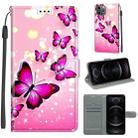 For iPhone 12 / 12 Pro Voltage Colored Drawing Magnetic Clasp Horizontal Flip PU Leather Case with Holder & Card Slots(C03 Gradient Pink Flying Butterflies) - 1