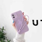 For iPhone 11 Heat Dissipation Cooling Holes Liquid Silicone Straight Edge Shockproof Case with Ring Holder & Strap (Purple) - 1
