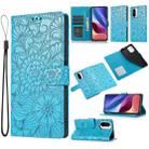 For Xiaomi Redmi K40 / K40 Pro / Poco F3 Skin Feel Embossed Sunflower Horizontal Flip Leather Case with Holder & Card Slots & Wallet & Lanyard(Blue) - 1