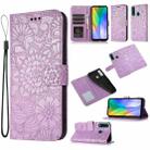 For Huawei Y6p Skin Feel Embossed Sunflower Horizontal Flip Leather Case with Holder & Card Slots & Wallet & Lanyard(Purple) - 1