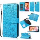 For iPhone 12 Skin Feel Embossed Sunflower Horizontal Flip Leather Case with Holder & Card Slots & Wallet & Lanyard(Blue) - 1