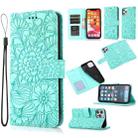 For iPhone 12 Skin Feel Embossed Sunflower Horizontal Flip Leather Case with Holder & Card Slots & Wallet & Lanyard(Green) - 1