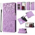 For Samsung Galaxy A12 Skin Feel Embossed Sunflower Horizontal Flip Leather Case with Holder & Card Slots & Wallet & Lanyard(Purple) - 1