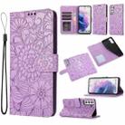 For Samsung Galaxy S21 5G Skin Feel Embossed Sunflower Horizontal Flip Leather Case with Holder & Card Slots & Wallet & Lanyard(Purple) - 1