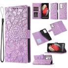 For Samsung Galaxy S21 Ultra 5G Skin Feel Embossed Sunflower Horizontal Flip Leather Case with Holder & Card Slots & Wallet & Lanyard(Purple) - 1