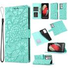 For Samsung Galaxy S21 Ultra 5G Skin Feel Embossed Sunflower Horizontal Flip Leather Case with Holder & Card Slots & Wallet & Lanyard(Green) - 1