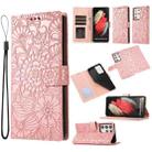 For Samsung Galaxy S21 Ultra 5G Skin Feel Embossed Sunflower Horizontal Flip Leather Case with Holder & Card Slots & Wallet & Lanyard(Rose Gold) - 1