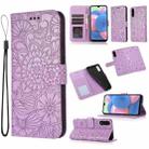 For Samsung Galaxy A30s Skin Feel Embossed Sunflower Horizontal Flip Leather Case with Holder & Card Slots & Wallet & Lanyard(Purple) - 1