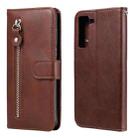 For Samsung Galaxy S21 FE Fashion Calf Texture Zipper Horizontal Flip Leather Case with Holder & Card Slots & Wallet(Brown) - 1