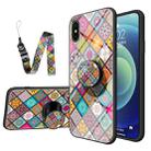 Painted Ethnic Pattern Tempered Glass TPU Shockproof Case with Folding Magnetic Holder & Neck Strap For iPhone XS / X(Checkered) - 1