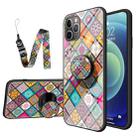 Painted Ethnic Pattern Tempered Glass TPU Shockproof Case with Folding Magnetic Holder & Neck Strap For iPhone 11 Pro Max(Checkered) - 1