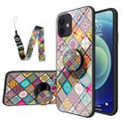 Painted Ethnic Pattern Tempered Glass TPU Shockproof Case with Folding Magnetic Holder & Neck Strap For iPhone 12 mini(Checkered) - 1