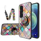 For Xiaomi Mi 10S Painted Ethnic Pattern Tempered Glass TPU Shockproof Case with Folding Magnetic Holder & Neck Strap(Checkered) - 1