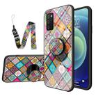 For Samsung Galaxy A02s Painted Ethnic Pattern Tempered Glass TPU Shockproof Case with Folding Magnetic Holder & Neck Strap(Checkered) - 1