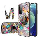 For Samsung Galaxy A72 5G Painted Ethnic Pattern Tempered Glass TPU Shockproof Case with Folding Magnetic Holder & Neck Strap(Checkered) - 1