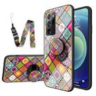 For Samsung Galaxy Note20 Painted Ethnic Pattern Tempered Glass TPU Shockproof Case with Folding Magnetic Holder & Neck Strap(Colorful) - 1