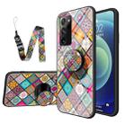 For Samsung Galaxy Note20 Ultra Painted Ethnic Pattern Tempered Glass TPU Shockproof Case with Folding Magnetic Holder & Neck Strap(Checkered) - 1