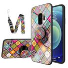 For Samsung Galaxy S9 Painted Ethnic Pattern Tempered Glass TPU Shockproof Case with Folding Magnetic Holder & Neck Strap(Colorful) - 1