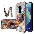 For Samsung Galaxy S9+ Painted Ethnic Pattern Tempered Glass TPU Shockproof Case with Folding Magnetic Holder & Neck Strap(Colorful) - 1