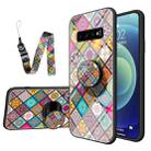 For Samsung Galaxy S10 Painted Ethnic Pattern Tempered Glass TPU Shockproof Case with Folding Magnetic Holder & Neck Strap(Checkered) - 1