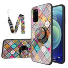 For Samsung Galaxy S20+ Painted Ethnic Pattern Tempered Glass TPU Shockproof Case with Folding Magnetic Holder & Neck Strap(Checkered) - 1