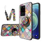 For Samsung Galaxy S20 Ultra Painted Ethnic Pattern Tempered Glass TPU Shockproof Case with Folding Magnetic Holder & Neck Strap(Checkered) - 1