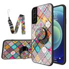 For Samsung Galaxy S21 5G Painted Ethnic Pattern Tempered Glass TPU Shockproof Case with Folding Magnetic Holder & Neck Strap(Checkered) - 1