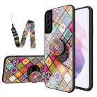 For Samsung Galaxy S21+ 5G Painted Ethnic Pattern Tempered Glass TPU Shockproof Case with Folding Magnetic Holder & Neck Strap(Colorful) - 1