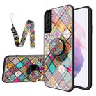 For Samsung Galaxy S21+ 5G Painted Ethnic Pattern Tempered Glass TPU Shockproof Case with Folding Magnetic Holder & Neck Strap(Checkered) - 1