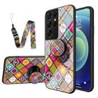 For Samsung Galaxy S21 Ultra 5G Painted Ethnic Pattern Tempered Glass TPU Shockproof Case with Folding Magnetic Holder & Neck Strap(Colorful) - 1