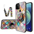 For Google Pixel 5a 5G Painted Ethnic Pattern Tempered Glass TPU Shockproof Case with Folding Magnetic Holder & Neck Strap(Checkered) - 1