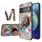 For Google Pixel 6 Pro Painted Ethnic Pattern Tempered Glass TPU Shockproof Case with Folding Magnetic Holder & Neck Strap(Checkered) - 1