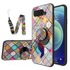 For Asus ROG Phone 5 Painted Ethnic Pattern Tempered Glass TPU Shockproof Case with Folding Magnetic Holder & Neck Strap(Checkered) - 1