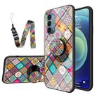 For OnePlus Nord N200 5G Painted Ethnic Pattern Tempered Glass TPU Shockproof Case with Folding Magnetic Holder & Neck Strap(Checkered) - 1