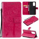 For OnePlus 9 Pro Tree & Cat Pattern Pressed Printing Horizontal Flip PU Leather Case with Holder & Card Slots & Wallet & Lanyard(Rose Red) - 1