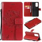 For OnePlus 9 Pro Tree & Cat Pattern Pressed Printing Horizontal Flip PU Leather Case with Holder & Card Slots & Wallet & Lanyard(Red) - 1