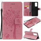 For OnePlus 9 Pro Tree & Cat Pattern Pressed Printing Horizontal Flip PU Leather Case with Holder & Card Slots & Wallet & Lanyard(Pink) - 1