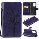 For OnePlus 9 Pro Tree & Cat Pattern Pressed Printing Horizontal Flip PU Leather Case with Holder & Card Slots & Wallet & Lanyard(Purple) - 1