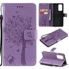 For OnePlus 9 Pro Tree & Cat Pattern Pressed Printing Horizontal Flip PU Leather Case with Holder & Card Slots & Wallet & Lanyard(Light Purple) - 1