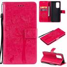 For OnePlus 9 Tree & Cat Pattern Pressed Printing Horizontal Flip PU Leather Case with Holder & Card Slots & Wallet & Lanyard(Rose Red) - 1