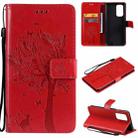 For OnePlus 9 Tree & Cat Pattern Pressed Printing Horizontal Flip PU Leather Case with Holder & Card Slots & Wallet & Lanyard(Red) - 1