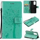 For OnePlus 9 Tree & Cat Pattern Pressed Printing Horizontal Flip PU Leather Case with Holder & Card Slots & Wallet & Lanyard(Green) - 1