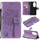 For Huawei P50 Pro Tree & Cat Pattern Pressed Printing Horizontal Flip PU Leather Case with Holder & Card Slots & Wallet & Lanyard(Light Purple) - 1