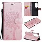 For Huawei P50 Pro Tree & Cat Pattern Pressed Printing Horizontal Flip PU Leather Case with Holder & Card Slots & Wallet & Lanyard(Rose Gold) - 1